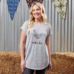 Mother Hen Hacci Top Heather Gray Stretch Tee Rolled Cap Sleeve Shirt Women’s S